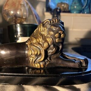 Vintage Bronze Lion lounging Wood Base View each photo